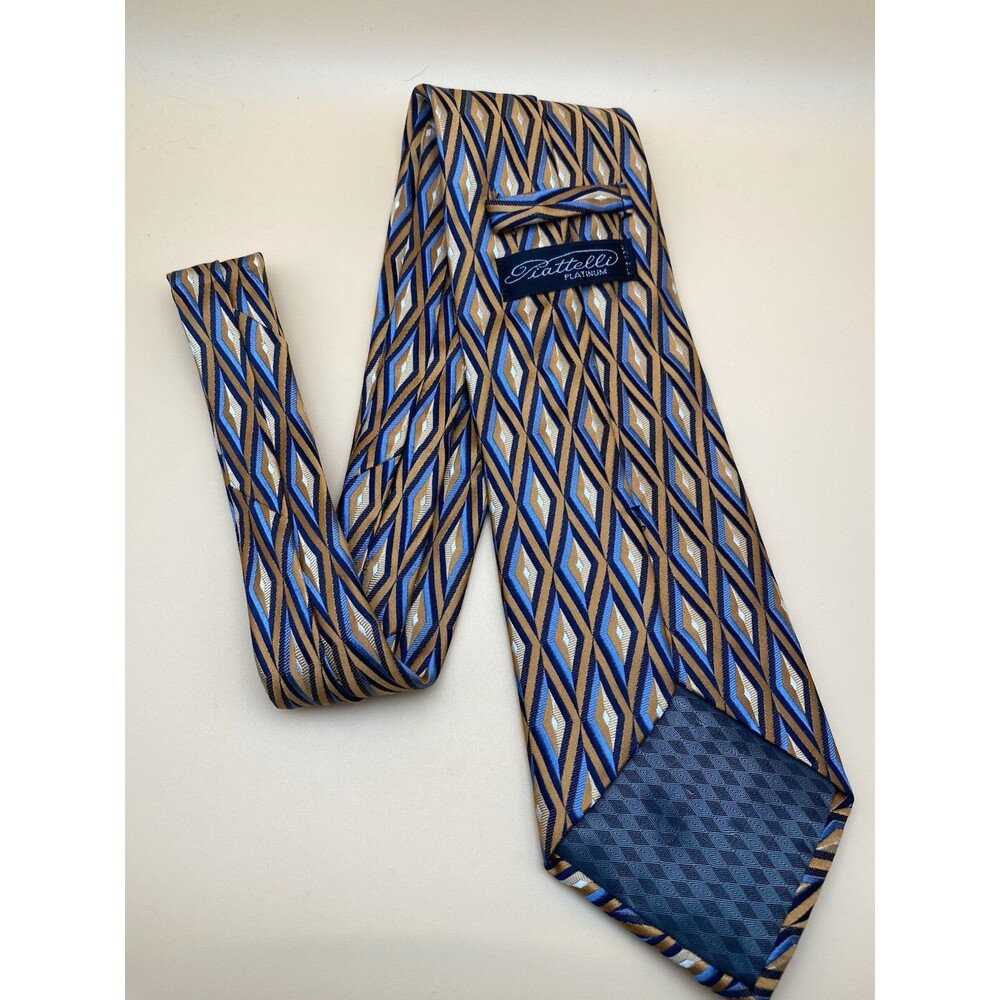 Piattelli Platinum Men's Tie Silk Geometric Diamond Orange Blue Gold USA Made